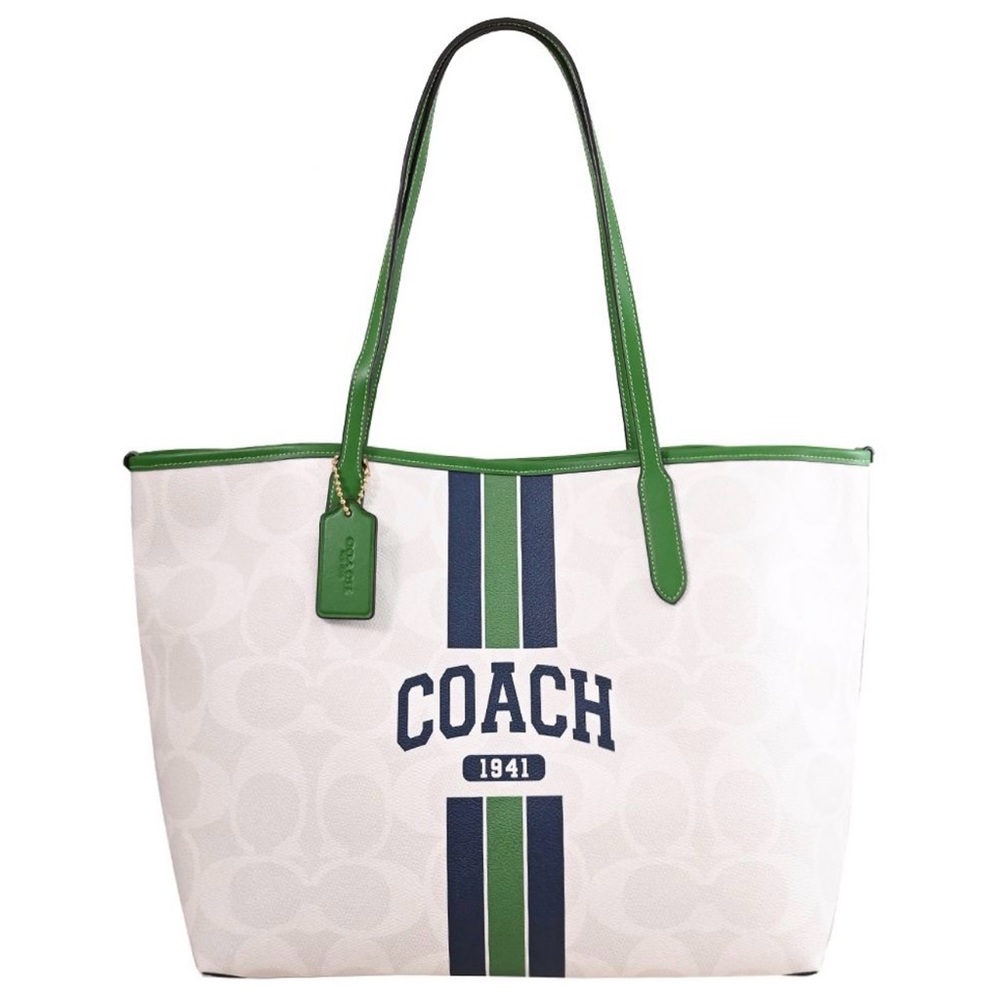 Rare, Coach White Signature City Tote with Navy and Green Stripes